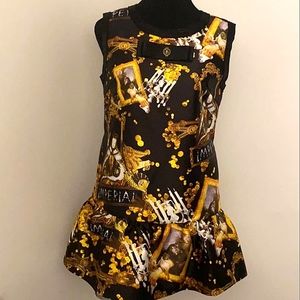 Black & Gold Printed Mini Dress - Sleeveless Drop-Waist